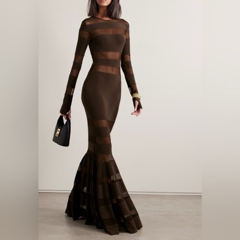 Norma Kamali Spliced Dress Fishtail Gown in Chocolate and Chocolate Mesh